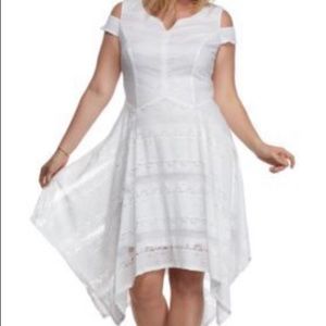 Handkerchief Hem Cold Shoulder Lace Dress